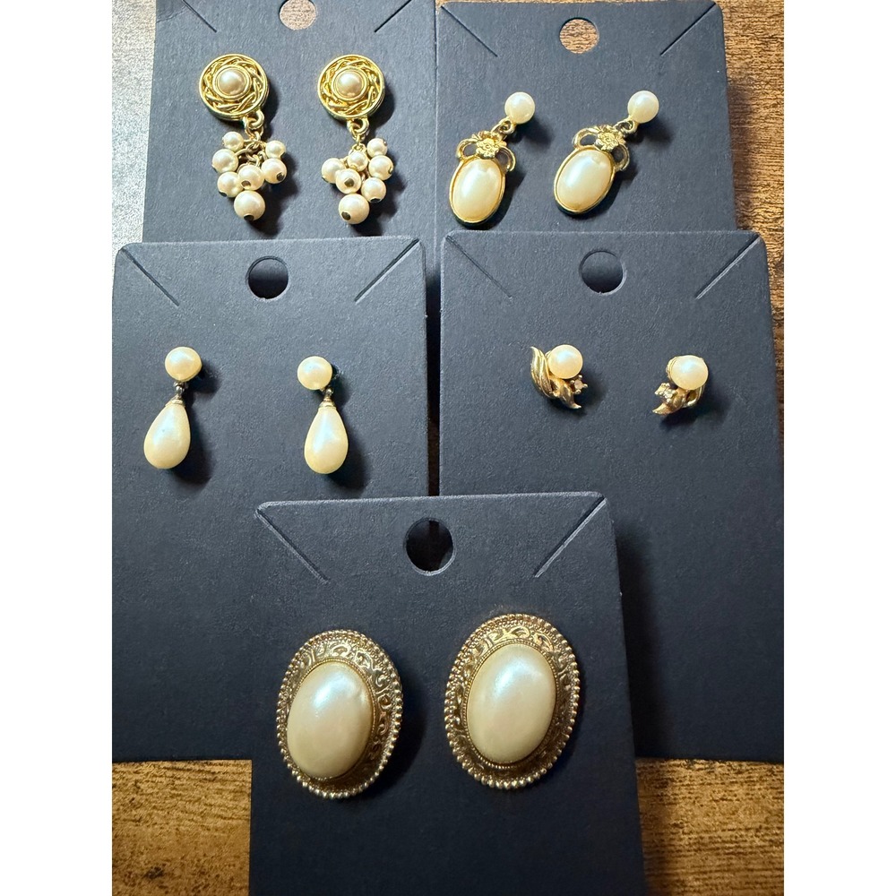 Vintage Faux Pearl Earring Lot 5 Pairs Gold Tone Studs Dangles Clusters Drop